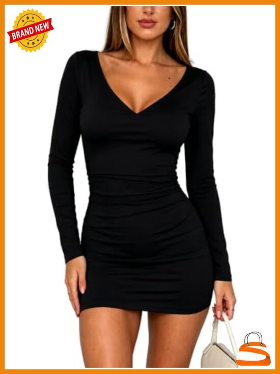 Dresses & Skirts - Womens Long Sleeve V Neck Bodycon Mini Dress Ruched Party Club